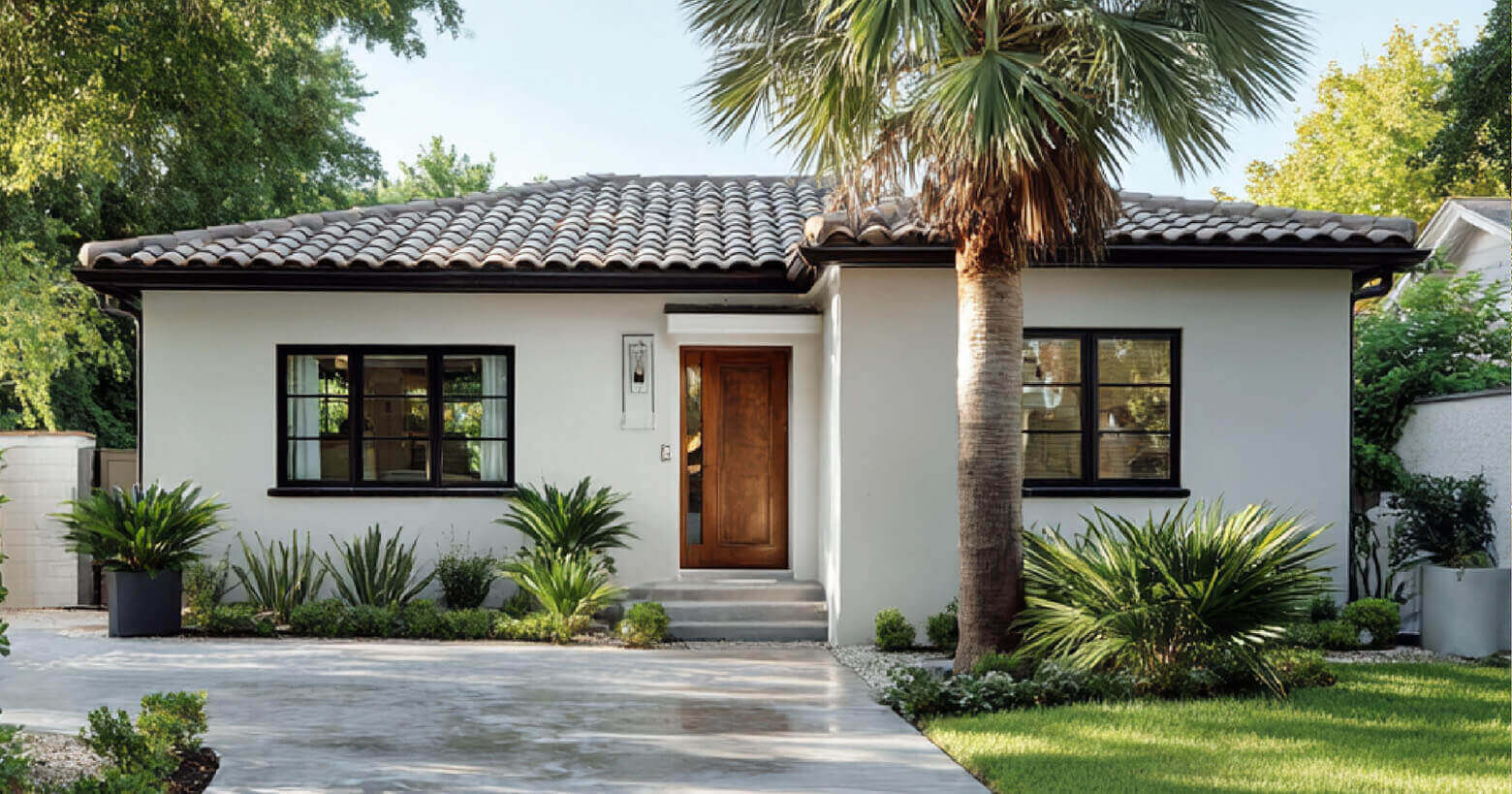 Exterior of a modern white second home with a wooden door, palm tree, and landscaped front yard.